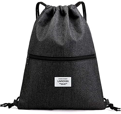 LIVACASA Turnbeutel Mit Reißverschluß Innentasche Sportbeutel Wasserdicht Hipster Beutel Seitentasche Gym Bag Gefüttert Rucksack Mit Verstellbar Tunnelzug Gymsack für Damen und Herren Schwarz A