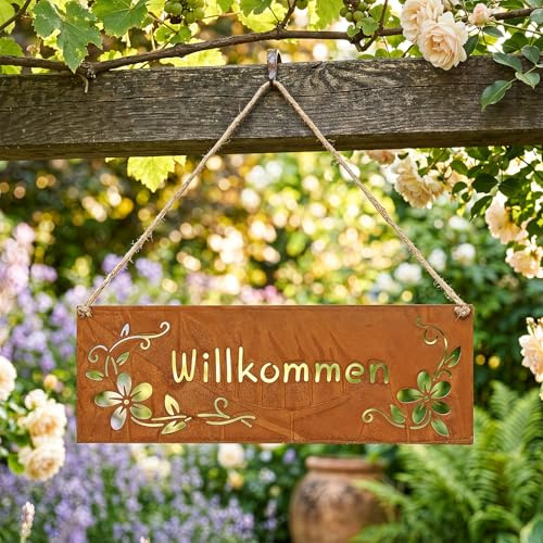 levandeo Schild Willkommen 25x9cm Metall Türschild Braun Rost Hängedeko Gartenschild Kordel Hängeschild Gartendekoration