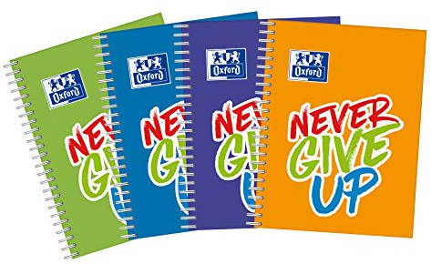 Oxford Collegeblock A5+, 80 Blätter, kariert, Spiralbindung aus Polypropylen, 5 Stück-Packung, Farbenmix NEVER GIVE UP