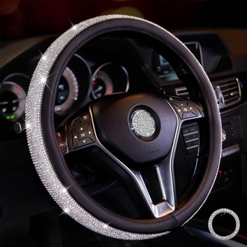 Lifetooler Lenkradbezug Glitzer mit Bling Strass Lenkradhülle Leder Strasssteine Atmungsaktive Universal 38cm/15 Inch Bequem Anti Rutsch Auto Accessoires für Frauen (schwarz-weiß)