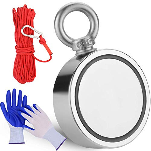 FINDMAG 1000 lbs Zugkraft Magnetfischen, Doppelseitiger Neodym Magnetangeln, Seltenerdmagnete mit 20m (65 Fuß) robustem Seil und Schutzhandschuhen, Wird verwendet, um Gegenstände in Flüssen zu finden