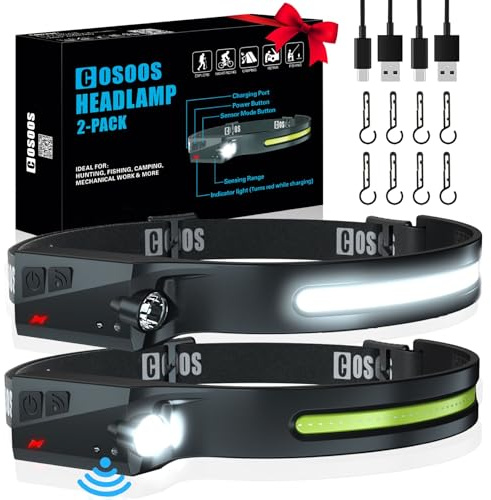 COSOOS 2 faros delanteros recargables originales, linterna LED brillante de 1000 lúmenes, haz ancho de 230° y foco, sensor de movimiento, lámpara de cabeza ligera de 2.4 onzas con clips para casco