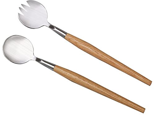 Couverts salade en acier inoxydable avec manche en bois 28 cm Pour salade et service,mixeur salade,fourchette salade,cuillère salade,cuillère salade,ustensiles cuisine,couverts pour salle manger