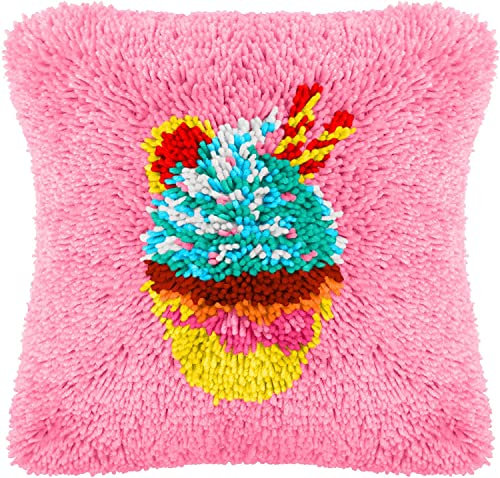 Latch Hook Kit for Adults & Kids - Cupcake Pattern 43x43cm, Complete DIY Cushion Making Craft Kits with Yarn & Canvas and Crochet Needle, Latch Hook Pillow Cover Adult Craft Kits Home Decor for Women