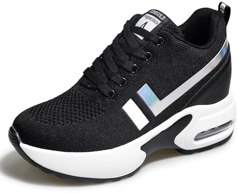 TQGOLD® Basket Femme Compensee Talon 8cm Chaussure de Sport Plateforme Sneakers Noir Taille 34