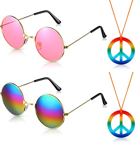 Nezyo 4 Stück Hippie Kostüm Set - Rundbrille, Peace-Zeichen Halskette & Retro 60er Jahre Accessoires für Damen und Herren - Ideal für Hippie Partys, Halloween & Festivals