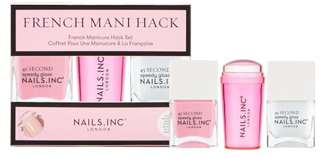 Nails Inc 45 Second Speedy Gloss French Manicure Hack Set, Pink, No Chip, Long Lasting, Quick Dry, Air Dry, Professional Manicures & Pedicures, Silicone Stamper, DIY Nail Art Design, 3 Piece Set