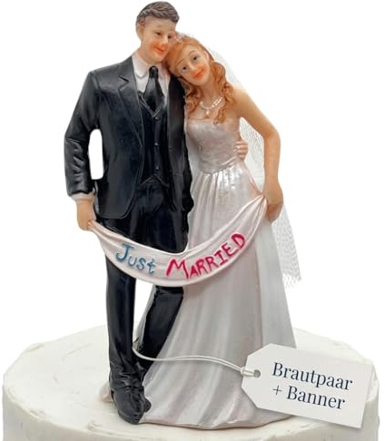 Tortenfigur Hochzeit Brautpaar Tortenaufsatz Tortendeko Hochzeitspaar für Torte Cake-Topper Hochzeitstorte, Dekofigur Hochzeitspaar Wedding Trauung (mit Banner Just Married)