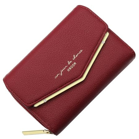 HNOOM Geldbörse Damen klein, Kleines Portemonnaie, Glattem und Weichem Synthetisches PU Leder, Damen Geldbeutel im Kurzformat mit Druckknopf Reißverschluss und 9 Fächer (Rot)