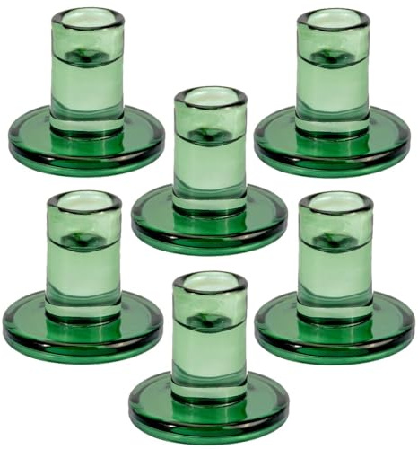TELOSMA Grüne Glas-Kerzenhalter, 6 Stück, Kurze Kerzenhalter passen auf Stabkerzen mit einem Durchmesser von 1,6-2,2 cm, Sommer-Tischdekoration, Winterfensterbänke/Kaminsims