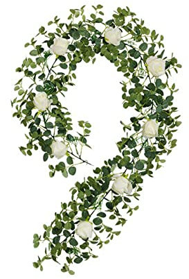 UIYIHIF Künstliche Pfingstrosen-Blumen-Girlande, 185 cm, Künstliche Eukalyptus-Girlande mit Weißen Rosenblüten, Seiden-Kunstblumen-Girlande für Hochzeit, Bogen, Tischdekoration,(#1)