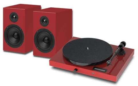 Pro-Ject Juke Box E1 HiFi Set, Audiophiles Plattenspielersystem mit Lautsprechern, BT Streaming, Line Input, Fernbedienung (Rot)