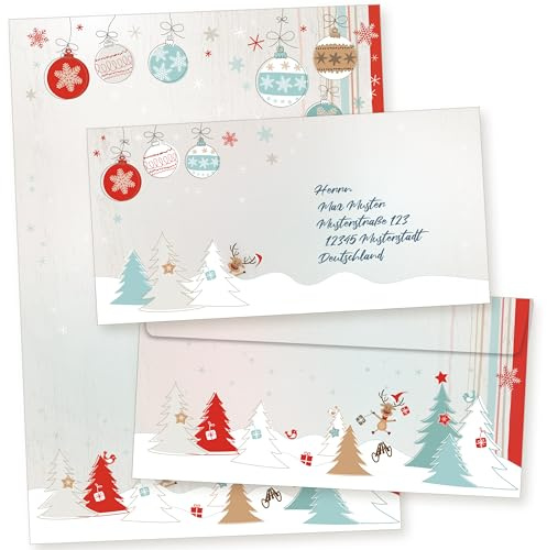 Joulujuhla 250 Sets Weihnachtsbriefpapier A4 | 90 g/qm Briefpapier Weihnachten DIN A4, einseitig bedruckt, Briefumschläge DIN lang ohne Fenster mit Haftklebestreifen
