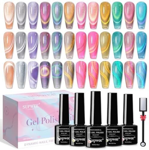 SUPWEE 9D Cat Eye UV Gel-Nagellack-Set, 12 Farben magnetischer Gel mit Magnet Chamäleon holografisches Glitzer Cat Eye Nagellack für Nagelstudio DIY-Nagelkunst