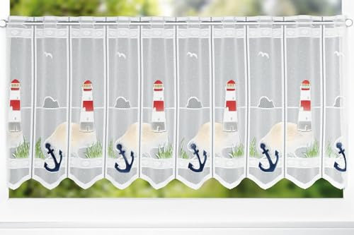 KAMACA Bistrogardine Panneaux Scheibengardine Küchengardine mit handgesprühten Motiven in der Breite kürzbar Kurzstore transparent Küche (HxB 50x140 cm Leuchtturm)