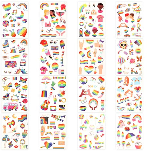 16 Sheets / 240+ LGBTQ Rainbow Stickers, Gay Pride Stickers Lesbian Gay Bisexual Stuff Trans Pride Stickers Decals Colorful LGBT Stickers Gift Parade Accessories for Laptop Water Cups Helmets