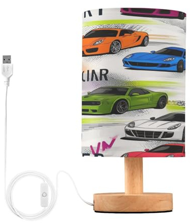 Color Sports Race Car Table Lamp for Bedroom Bedside Lamp Desk Lamps Cylinder Nightstand Lamp for Living Room Office Decor