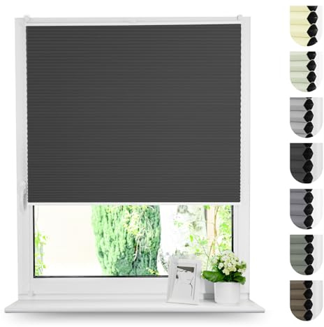 Tom'Shop Plissee mit Klemmfix UV-Schutz WABEN Schwarz B85cm x H200cm | Verdunkelndes Wabenplissee ohne Bohren mit Thermoeffekt, Sicht- und Sonnenschutz für Fenster und Türen