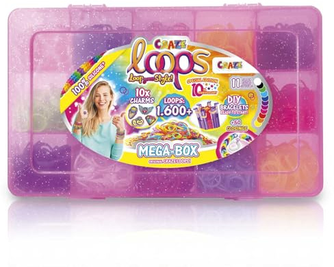 CRAZE loops Mega Box - Loom Bands Set with 1600 Rubber Bands for Crafts & Many Accessories - Make Your Own Necklaces, Rings and Bracelets - Mix of Colours