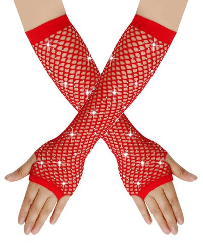 Generisch Damen Lang Netz-Handstulpen, Fischnetz Fingerlose Handschuhe, Netzhandschuhe mit Strass Glänzende, Modische Opernhandschuhe für 80er Jahre Kostümparty Halloween Cosplay Zubehör (Rot)