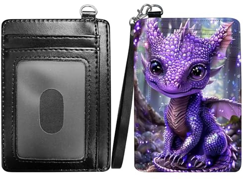 RWUTYTIUL Purple Dragon Slim Minimalist Wallet with Lanyard Strap, PU Leather Front Pocket Wallet RFID Blocking Credit Card Holder Card Cases with ID Window for Man Woman Boy Girl