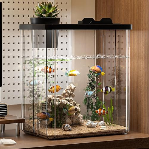 Desktop-Acryl-Aquarium | Aquarium-Starter-Sets Mit Luftpumpe Und Licht | Moderner, Kleines, transparenter Tank mit künstlichen Blumen für Fische, Garnelen und Goldfische