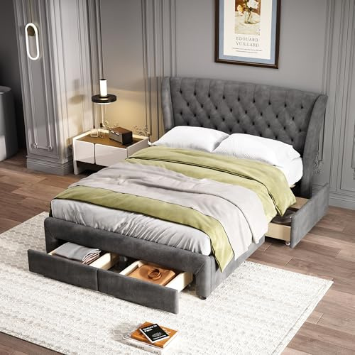 Double Bed Frame with 4 Drawers, 4ft6 Upholstered Storage Bed with Button Tufted Headboard & Wing Side/Sturdy Wooden Slat Support/No Box Spring Needed, Grey Double Youth Bed, 135x190cm, No Mattress