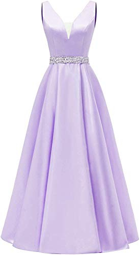 HUINI Damen V-Ausschnitt Abendkleider Satin Elegant Brautjungfernkleider Lang A-Linie Cocktailkleider Ballkleider Prinzessin Lang Hochzeitsgast Kleid Flieder 44