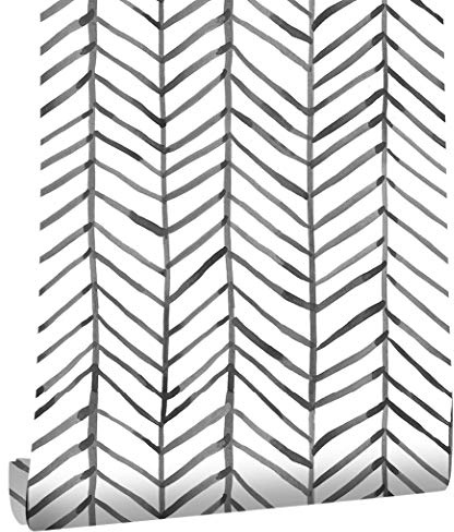 Papier Peint Adhesif Mural Noir et Blanc, 44.5 x 500cm, Papier Peint Geométrique et Rayures pour Meuble, Chambre, Cuisine, Salon, Salle de Bain, Toilette