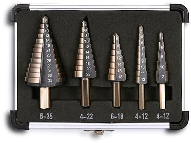 DelitonGude HSS Metrisch 44 Größen Stufenbohrer,5 Stück,Hochgeschwindigkeitsstahl, Titanbeschichtung, Unibit-Bohrer-Set, mehrere Löcher für Metall(DE-STEP)