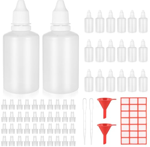 20 st 50 ml flytande flaskor, droppflaskor, tomma klämflaskor, plastflaskor, droppflaskor med lock för eteriska oljor, med tratt/överföringspipett/klistermärke