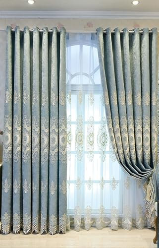 Wycian Gardine Querbehang Oben Makramee Vorhang Tür Hellblau Verdunkelung 2er Pack Vintage Blumenmuster H183 x B137 cm (2er Pack) Polyester Baumwolle
