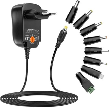 Adattatore di alimentazione universale CA/CC da 12 W (3 V, 4,5 V, 5 V, 6 V, 7,5 V, 9 V, 12 V), trasformatore di alimentazione a commutazione con 8 connettori CC per dispositivi elettronici domestici