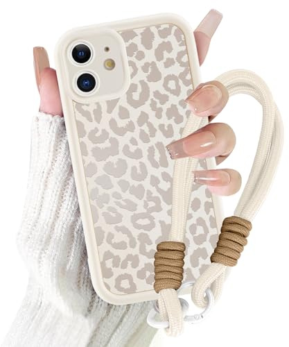 Coalbooliy Handyband Handyhülle für iPhone 11 hülle 6,1'' mit Band Kette, Aesthetic Weißer Leopard Sommer Muster Mädchen Design mit Kordel zum Umhängen Cover Universelles Patch Silikon Case, 01