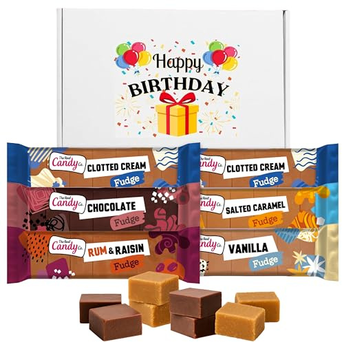 Happy Birthday Fudge Gift Set in 5 Flavours (6 Bars x 130g) - x2 Clotted Cream Fudge Bars, Rum and Raisin, Vanilla, Chocolate & Salted Caramel - Happy Birthday Hamper