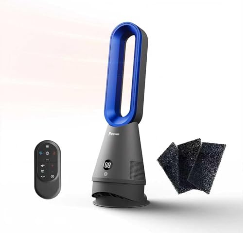 Faryuan Ventilateur Tour Sans Pale 3 en 1 - Chauffage & Purificateur d'Air, Oscillation 80°, Télécommande, Minuterie 9H, 8 Vitesses, Silencieux Portable pour Chambre Bureau (Gris/Bleu)