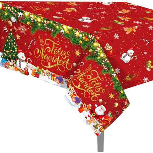 Cashlander Weihnachtliche Einweg-Tischdecke, 130 x 220 cm, rechteckige Tischdecke, rote Stechpalme, Weihnachtsmann, Weihnachten, wasserdichte Tischdecke für Weihnachten, Party, Abendessen