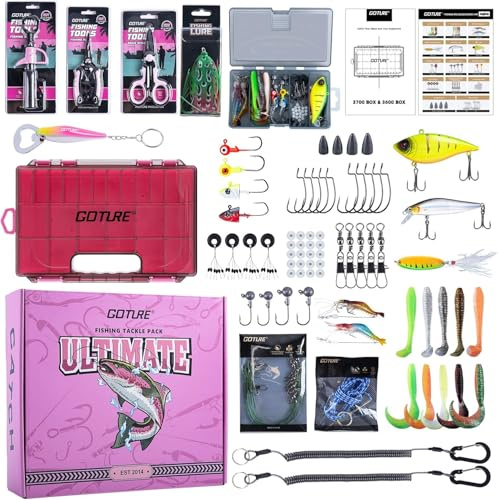 Goture Pro Pink Angelausrüstung und Zubehörset, 66-teiliges Köder- und Hakenset, 3600-teilige Angelbox, Angelzange, Schere, Fischgreifer, Angelschnur, Vorfächer, Fangriemen