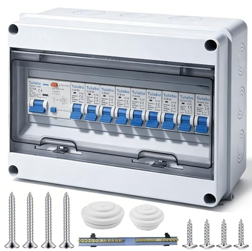 Behogan Sicherungskasten Aufputz IP65 mit Schutzschalter, Verteilerkasten mit Fi Schutzschalter, Unterverteilung Aufputz, Verteiler Kleinverteiler,Leistungsschalter 125A, AC Trennschalter 7x16A+2x20A
