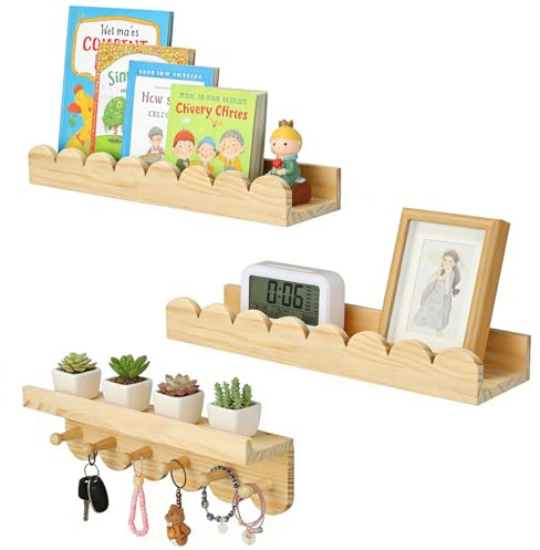autumndeer 3er Set Bücherregal Wand mit Haken, Schweberegal, Holz Wandregal 40cm, Wandregal Bilderleist Wandmontage, Bücher Spielzeug für Wohnzimmer, Küche, Arbeitszimmer, Schlafzimmer