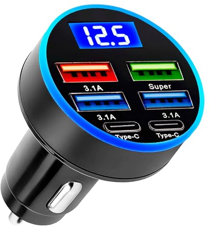 Car USB 6 Ports Charger, 12/24V Fast USB Car Charger Fast Charging Car Cigarette Lighter Socket Adapter with LED Voltmeter Compatible with iPhone 17/16/15/14/13/12, iPad Samsung Galaxy