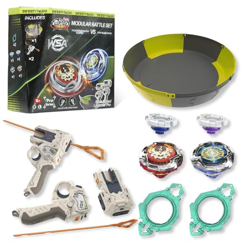 INFINITY NADO S7 Set Arena 2 Lanzadores Rack–2 Tops Metal+Adaptadores S6 5+ | Arena desmontable, 2 lanzadores modulares (diestros/zurdos), 2 tops metal con luz. Incluye 2 adaptadores S6. 5+