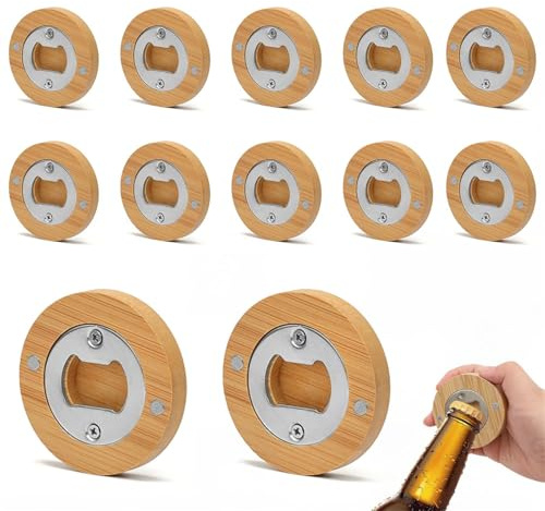 Abrebotellas de madera, 12 unidades, redondo, de acero inoxidable, abrebotellas, personalizable, regalo magnético para él, marido, amigo, padre, abuelo