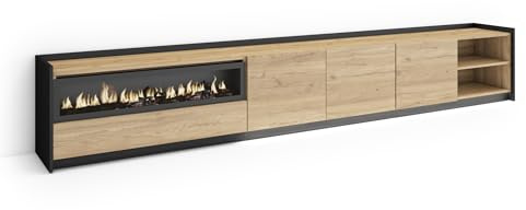 Skraut Home | Mueble TV | Muebles de salón, almacenaje | 310x50x37 cm | para televisión hasta 80 | Chimenea eléctrica | LED | Estilo Moderno | Roble y Negro