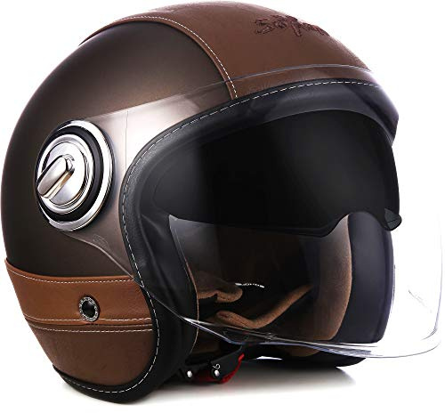 Soxon® SP-888 Pro „Urban Bronze“ · Jet-Helm · Motorrad-Helm Roller-Helm Scooter-Helm Moped Mofa-Helm Chopper · ECE 22.05 Sonnenvisier Leather-Design Schnellverschluss SlimShell Tasche S (55-56cm)