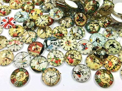 Glas Cabochons 12mm Motiv Uhr Mix #53 | 50 Stück, Glascabochons, 12x4mm