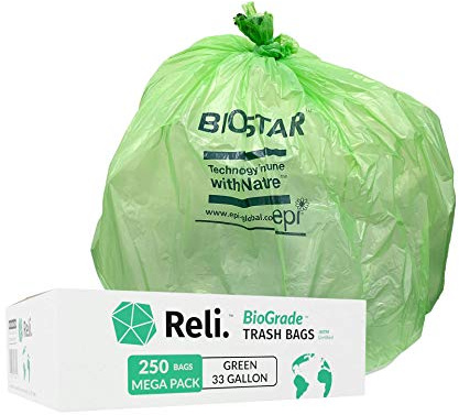 Reli. Biodegradable 33 Gallon Trash Bags | 250 Count Bulk | ASTM D6954 | Green | Eco-Friendly | Oxobiodegradable Under Certain Conditions (See Product Description)