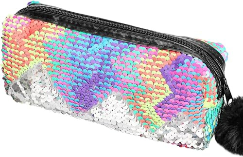 PHOGARY Mermaid Sequins Pencil Case for Girls, Secondary School Pencil Bags with Fluffy Zipper, Pencil Pouch Glitter Pen Case Organizer for Students, Women Glitter Makeup Pouch (Colorful,Silver)