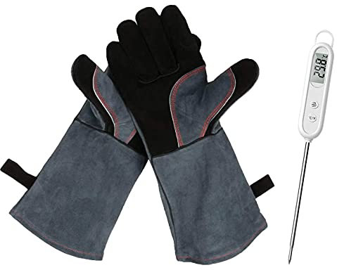 Tuoservo Grillhandschuhe Ofenhandschuhe 1 Paar Leder Grillhandschuhe 41x15x1,5cm Wildleder Hitzebeständig Schwer Entflammbar Schweißhandschuhe Kaminhandschuhe (Rindleder, Schwarz)