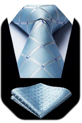 HISDERN Krawatten Herren Hellblau Formelle Klassische Karierte Krawatte mit Einstecktuch Hochzeit Herrenkrawatte und Taschentuch Set für Männer